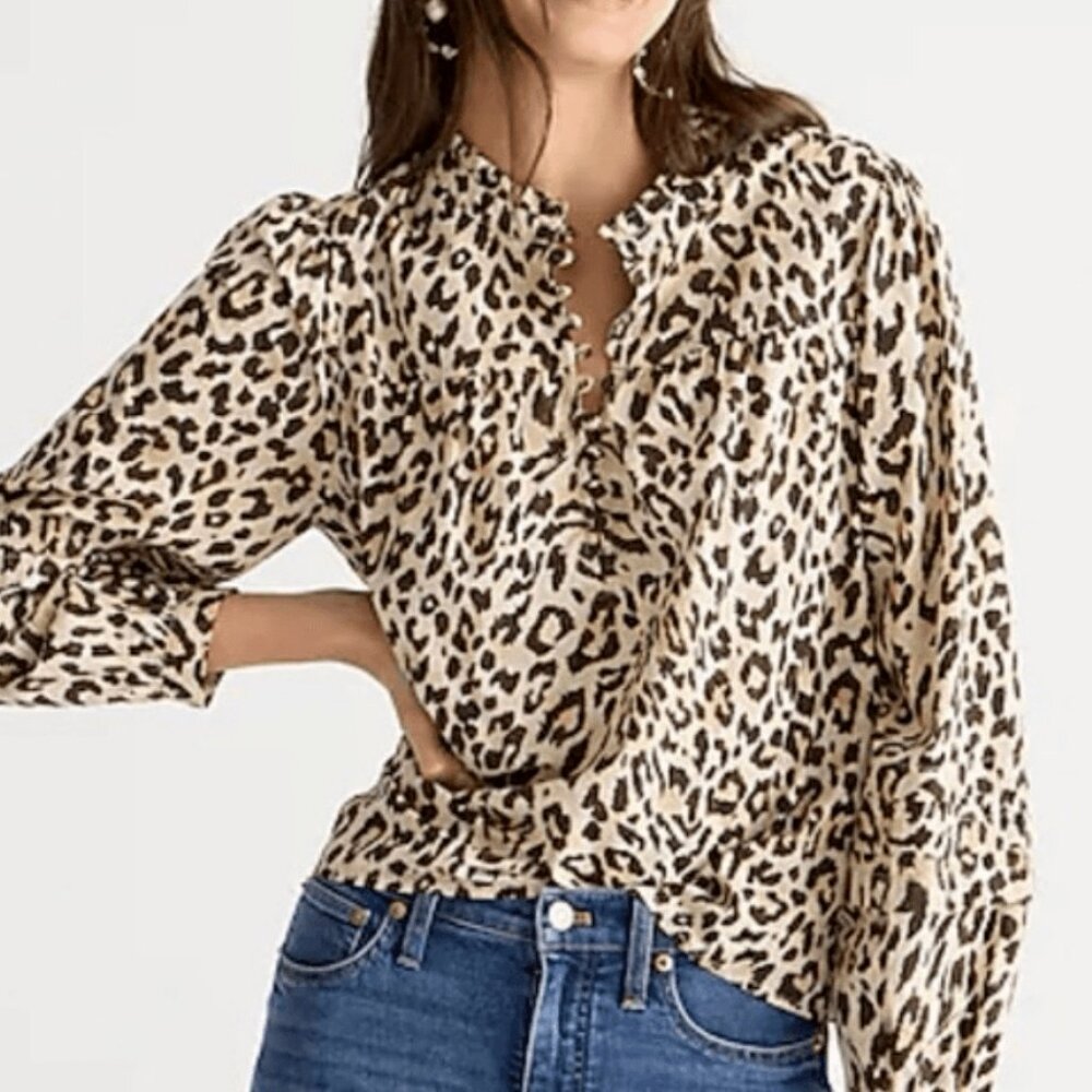 100% cotton Button-front ruffleneck popover in leopard print